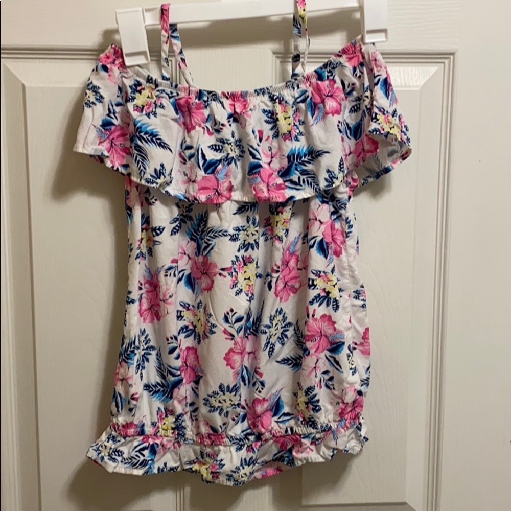 Off shoulder ruffle top with straps.
